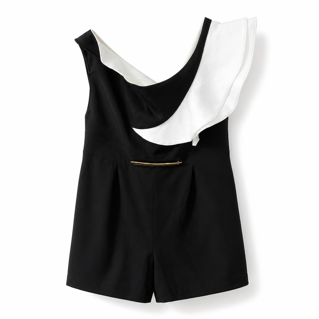 Black & white sleeveless romper/playsuit, gold zip detail - white studio shot, second-hand at Why Go Less, Dekwaneh, Lebanon