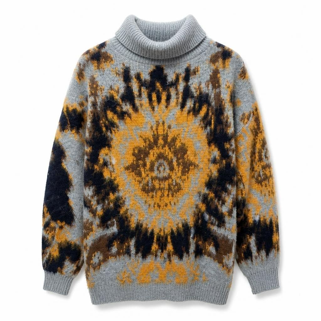 Grey tie-dye turtleneck knit sweater, orange navy pattern - white studio shot, second-hand at Why Go Less, Dekwaneh, Lebanon