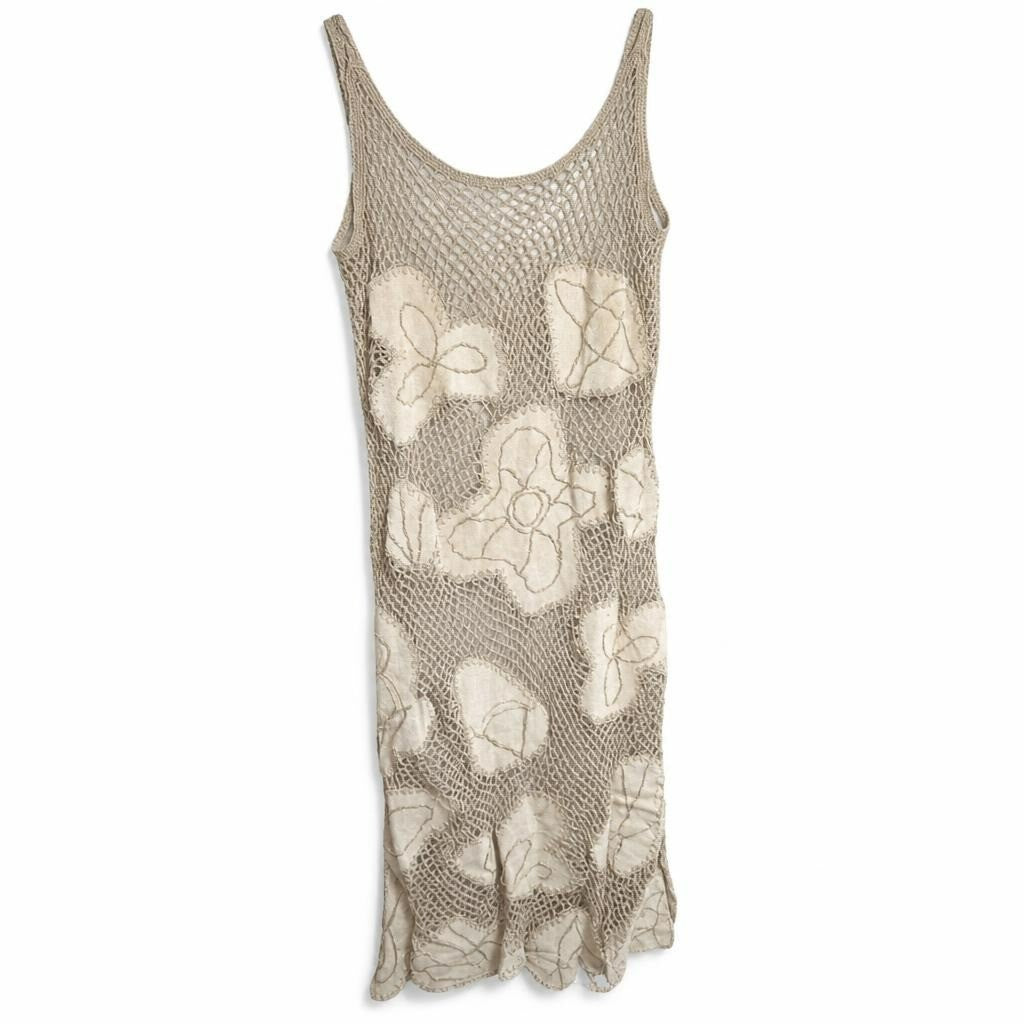 Beige crochet mesh floral appliqué tank mini dress - white studio shot, second-hand at Why Go Less, Dekwaneh, Lebanon
