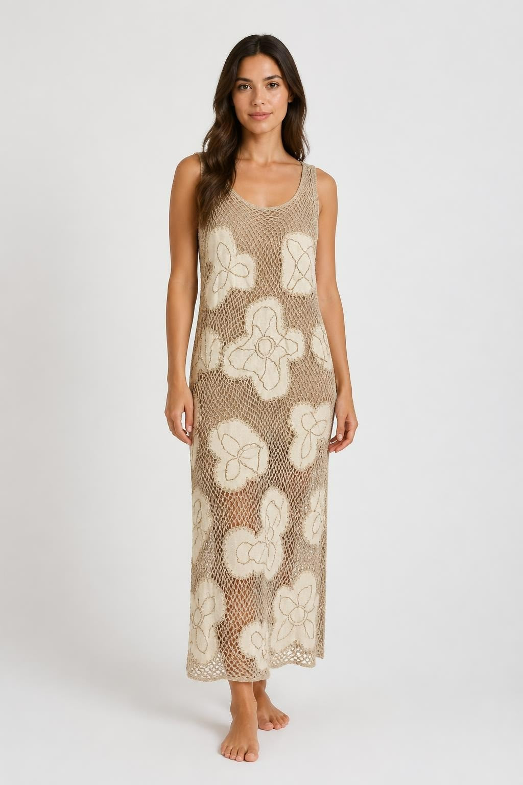 Beige crochet mesh floral appliqué tank mini dress | Pre-Loved | Why Go Less