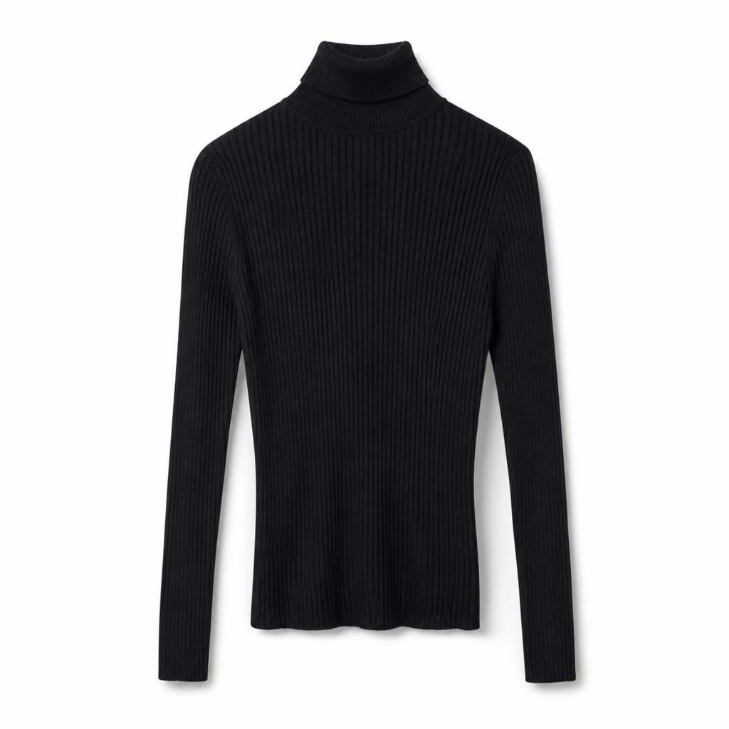 Dilvin Black Ribbed Turtleneck Top, NWT - white studio shot, second-hand at Why Go Less, Dekwaneh, Lebanon