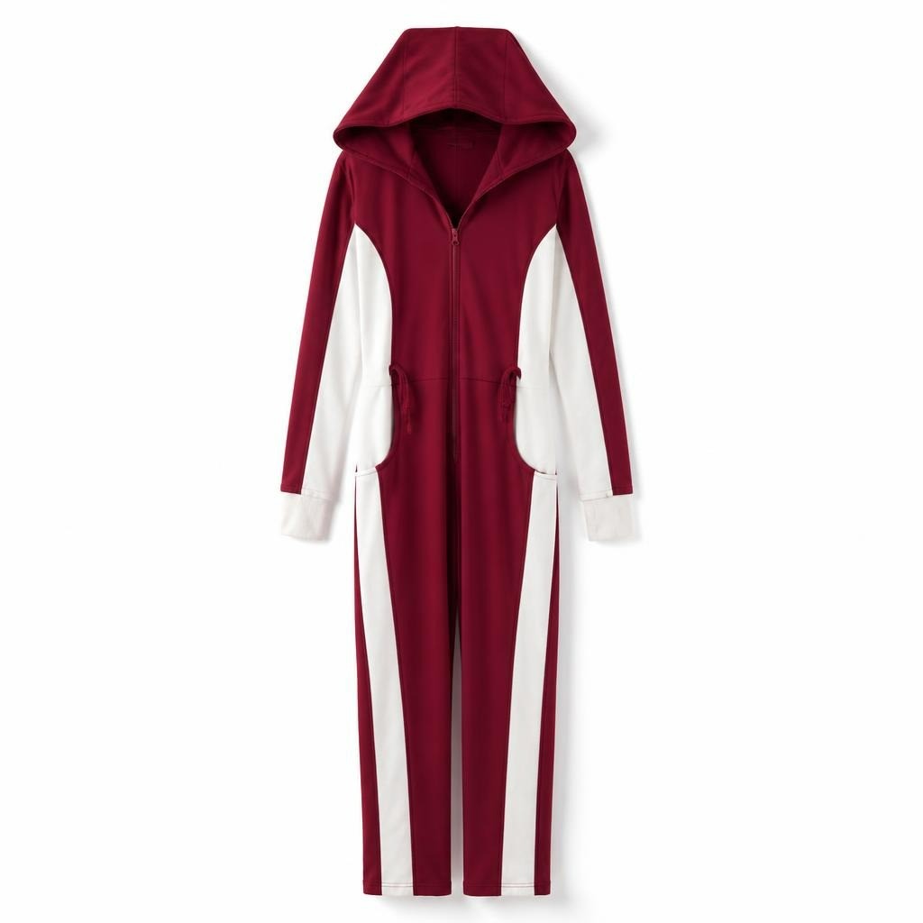 Ashta Red White Ski Suit One-Piece, hooded - white studio shot, second-hand at Why Go Less, Dekwaneh, Lebanon