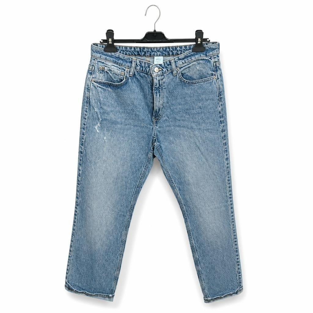 Light Wash Distressed Straight Crop Jeans - white studio shot, second-hand at Why Go Less, Dekwaneh, Lebanon
