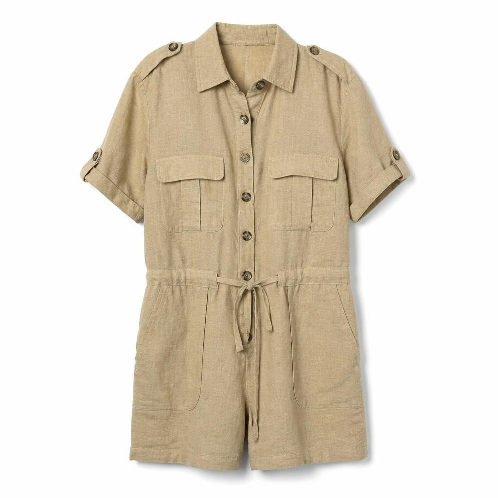 Khaki safari utility shirt-jacket, button-front, S-M - white studio shot, second-hand at Why Go Less, Dekwaneh, Lebanon
