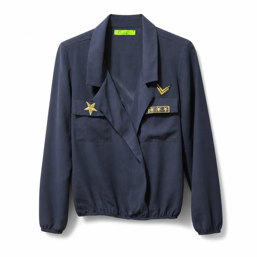 Navy military-patch wrap crop jacket, M - white studio shot, second-hand at Why Go Less, Dekwaneh, Lebanon