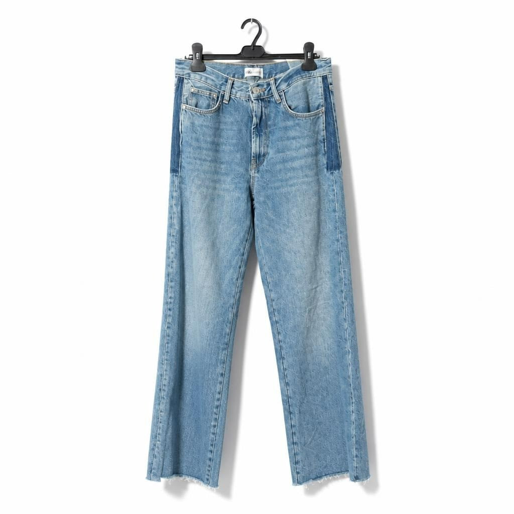Two-tone blue denim straight jeans, raw hem, M - white studio shot, second-hand at Why Go Less, Dekwaneh, Lebanon