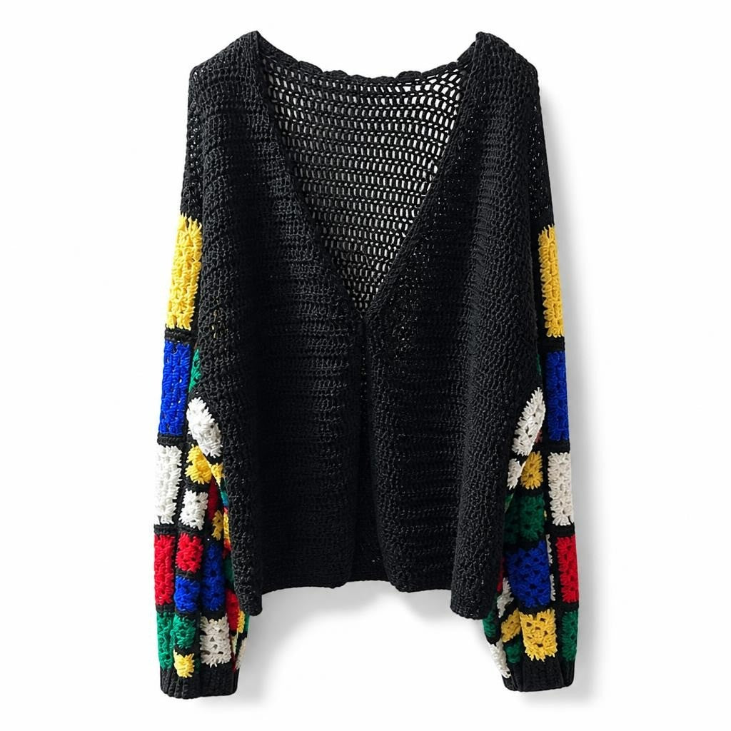 Black crochet oversized top, multicolor block sleeves - white studio shot, second-hand at Why Go Less, Dekwaneh, Lebanon