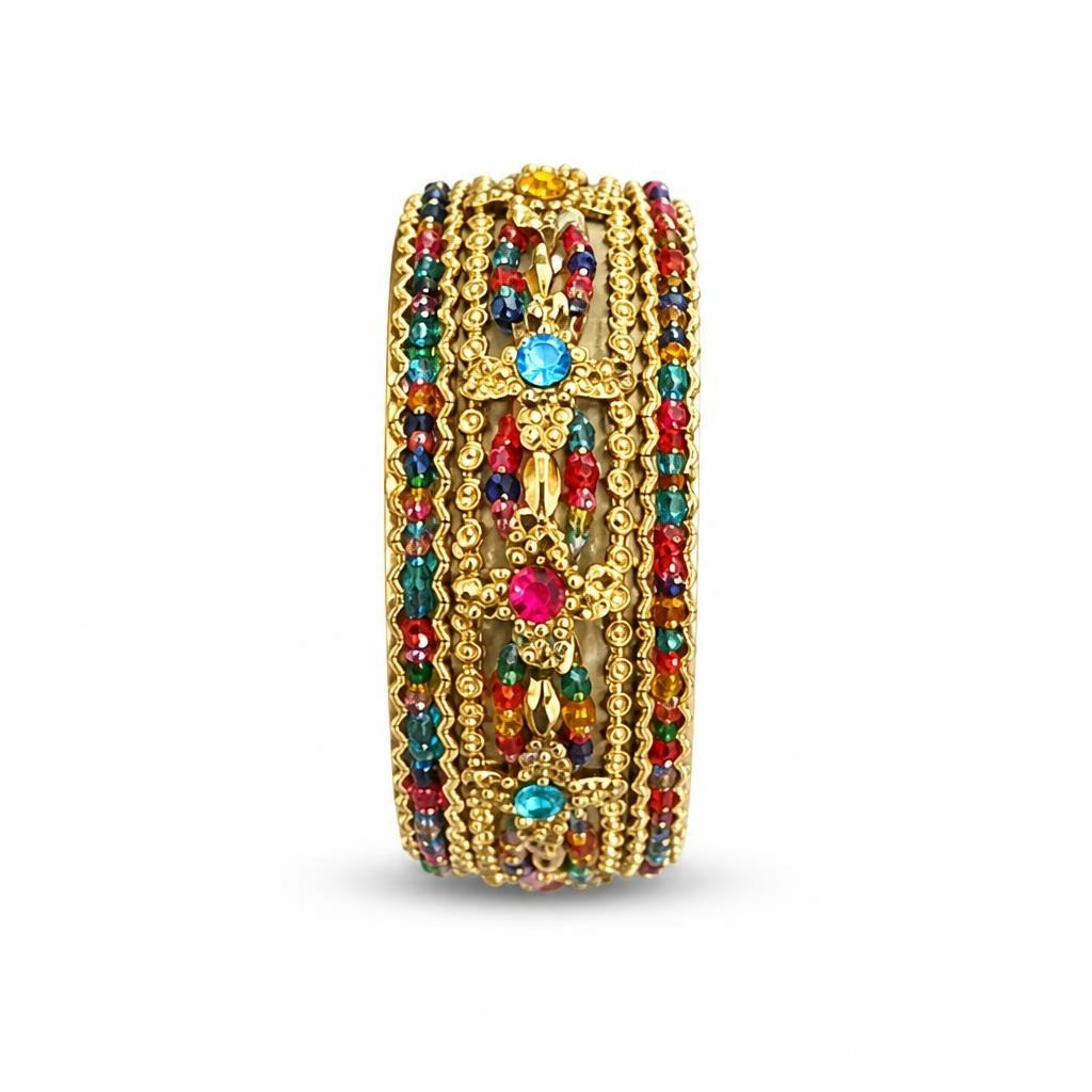 Gold multicolor beaded statement cuff bracelet - white studio shot, second-hand at Why Go Less, Dekwaneh, Lebanon