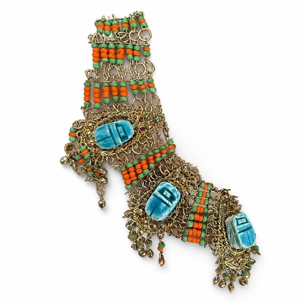 Egyptian scarab beaded gold-tone statement bracelet - white studio shot, second-hand at Why Go Less, Dekwaneh, Lebanon