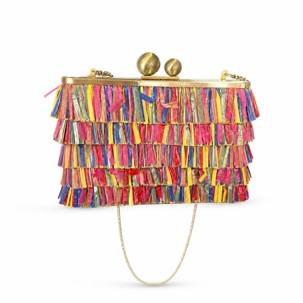 UK Colorful fringe tassel clutch bag, gold hardware - white studio shot, second-hand at Why Go Less, Dekwaneh, Lebanon