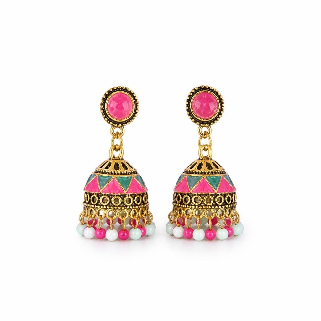 Pink gold jhumka fashion earrings, ethnic style - white studio shot, second-hand at Why Go Less, Dekwaneh, Lebanon