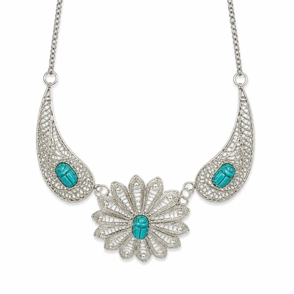 Silver filigree turquoise scarab statement necklace - white studio shot, second-hand at Why Go Less, Dekwaneh, Lebanon