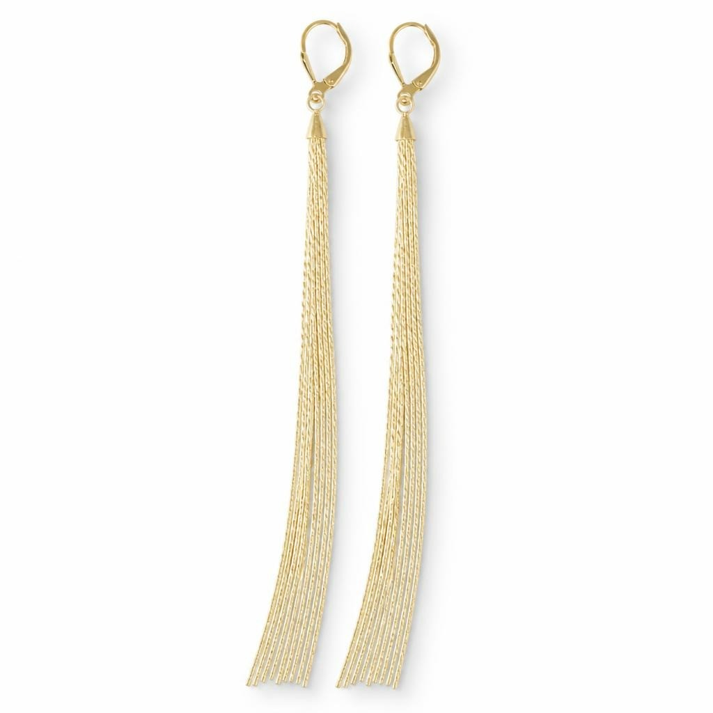 Long gold rhinestone tassel drop earrings - white studio shot, second-hand at Why Go Less, Dekwaneh, Lebanon