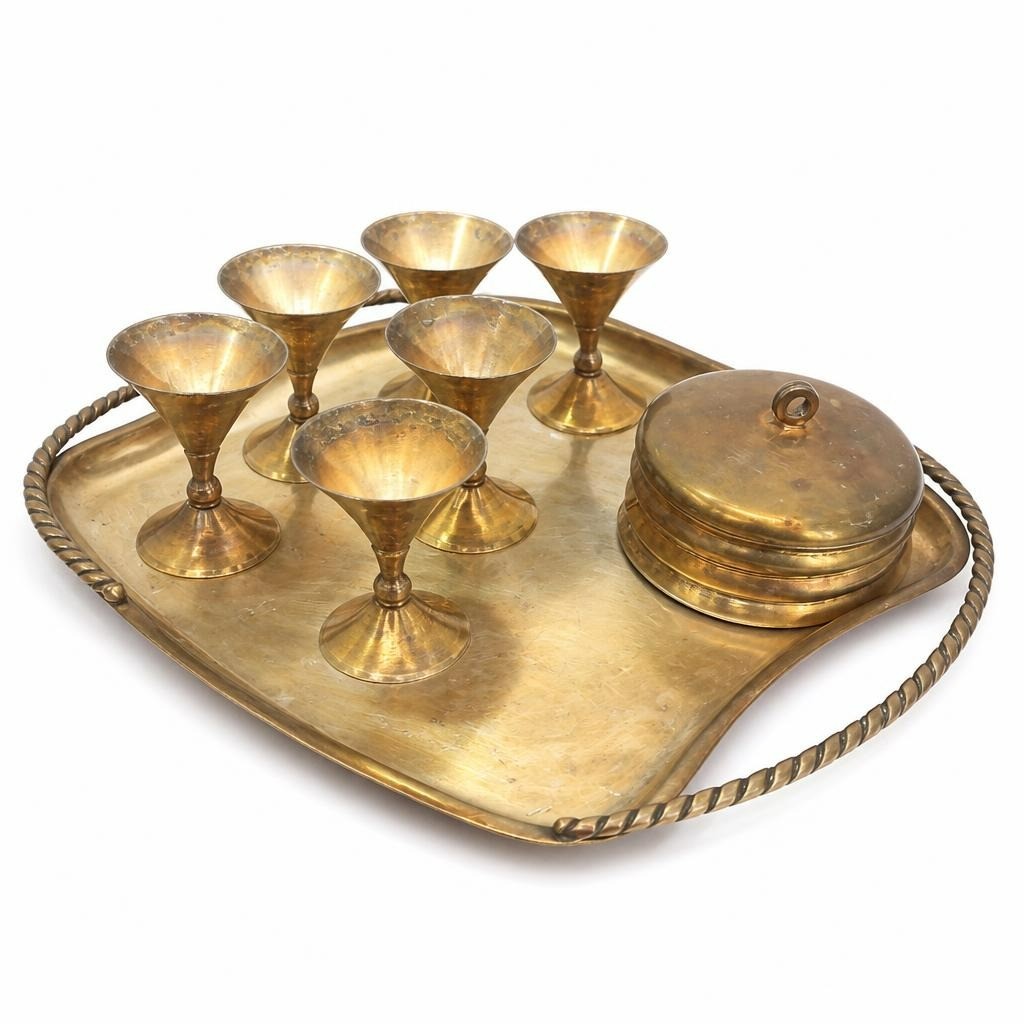 Vintage brass tray set with goblets and lidded bowl - white studio shot, second-hand at Why Go Less, Dekwaneh, Lebanon