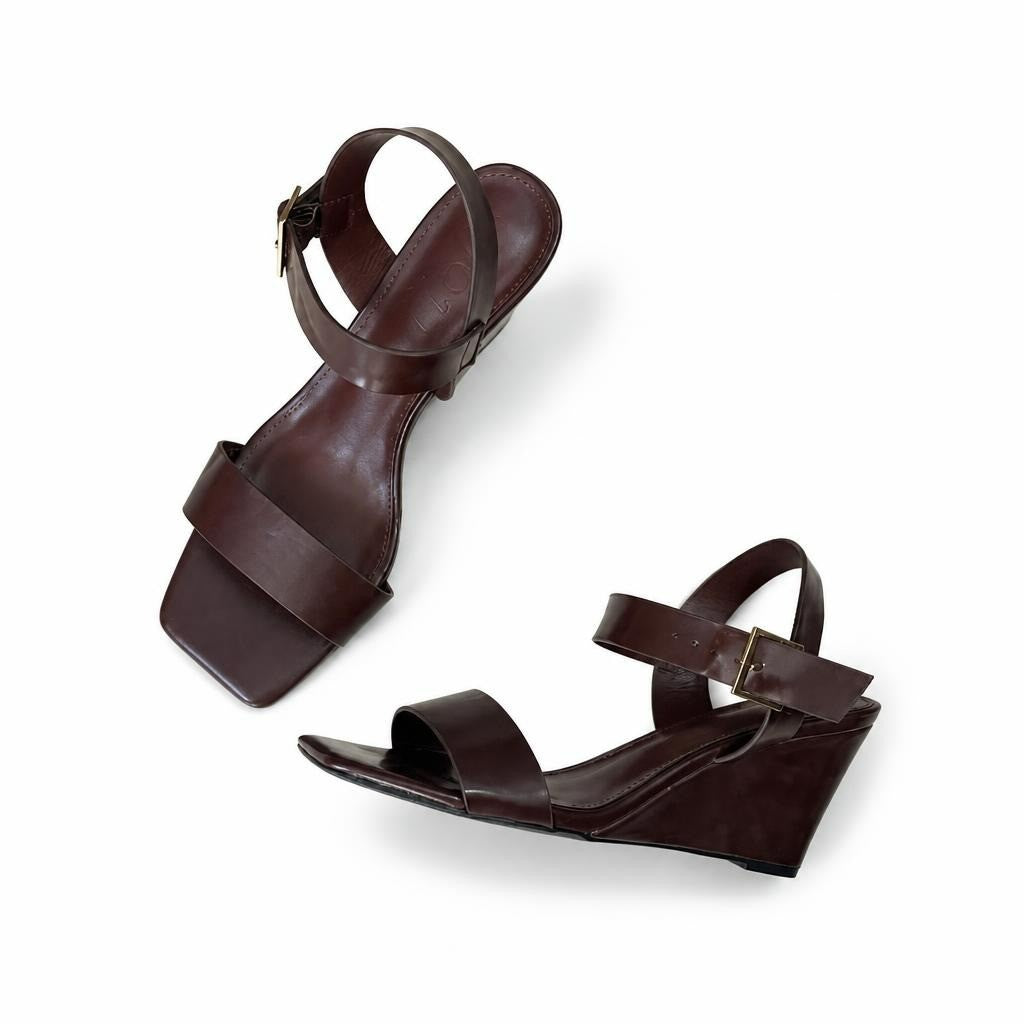 Dark brown leather wedge sandals, ankle strap - white studio shot, second-hand at Why Go Less, Dekwaneh, Lebanon