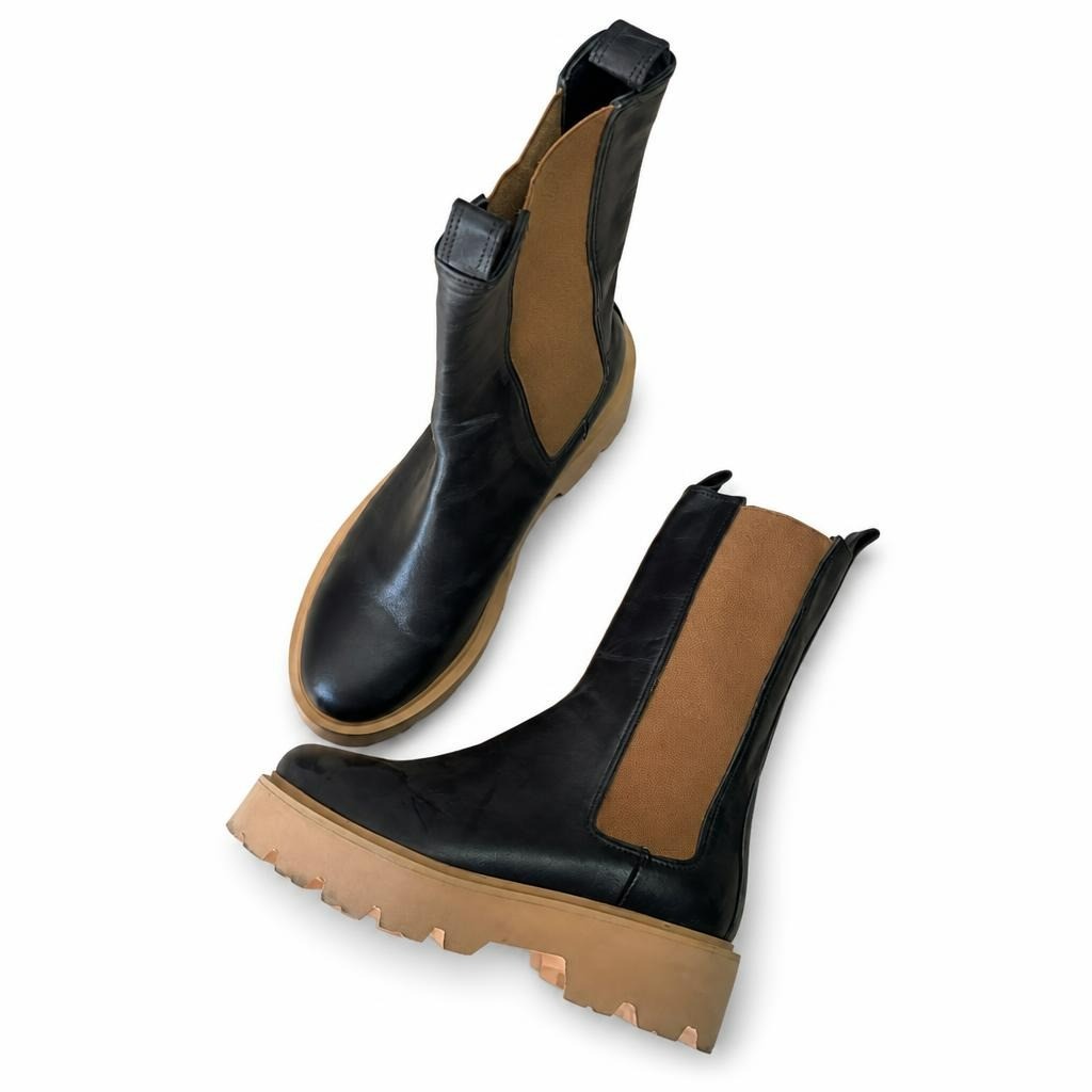 Black leather Chelsea boots, tan elastic and sole - white studio shot, second-hand at Why Go Less, Dekwaneh, Lebanon