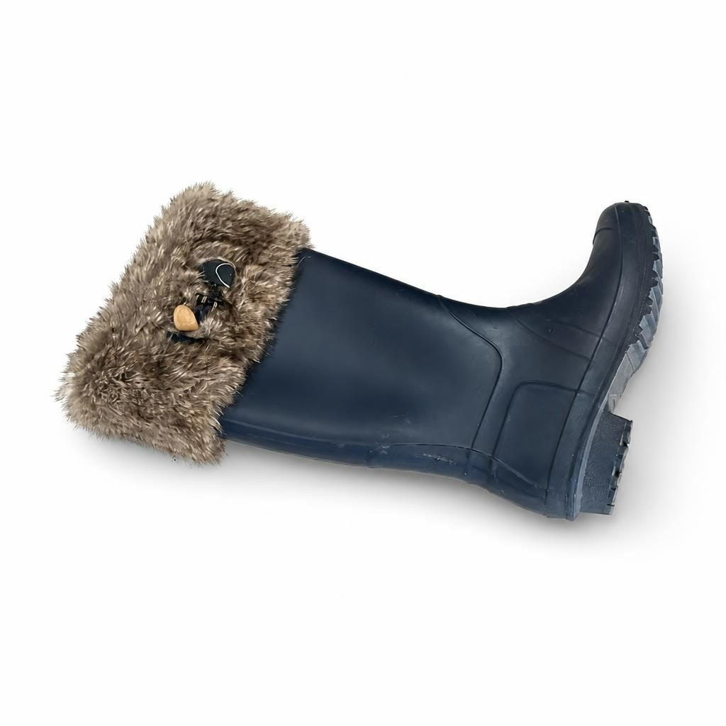 Navy rubber tall rain boots with fur trim - white studio shot, second-hand at Why Go Less, Dekwaneh, Lebanon