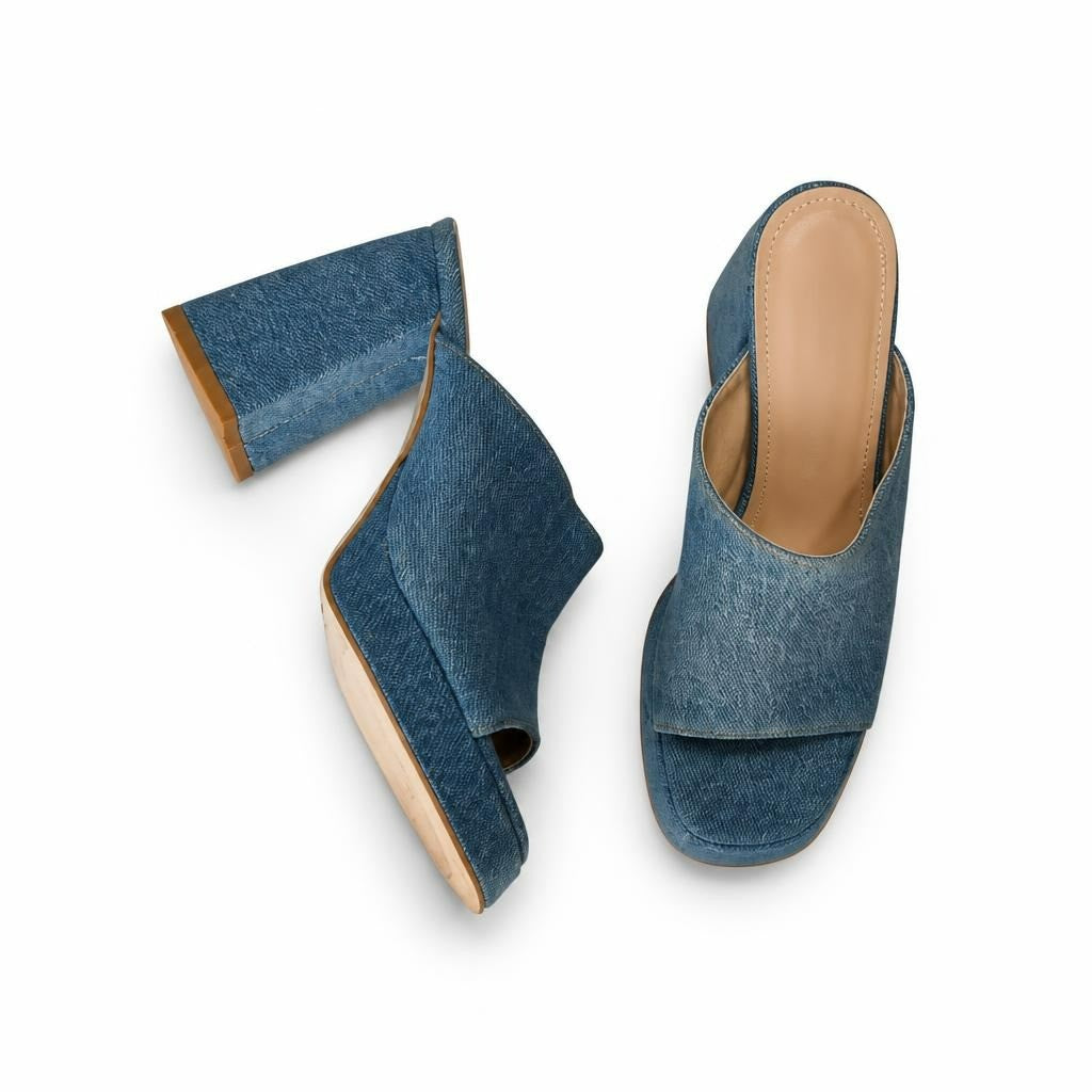 Denim blue wedge mule heels, open toe - white studio shot, second-hand at Why Go Less, Dekwaneh, Lebanon