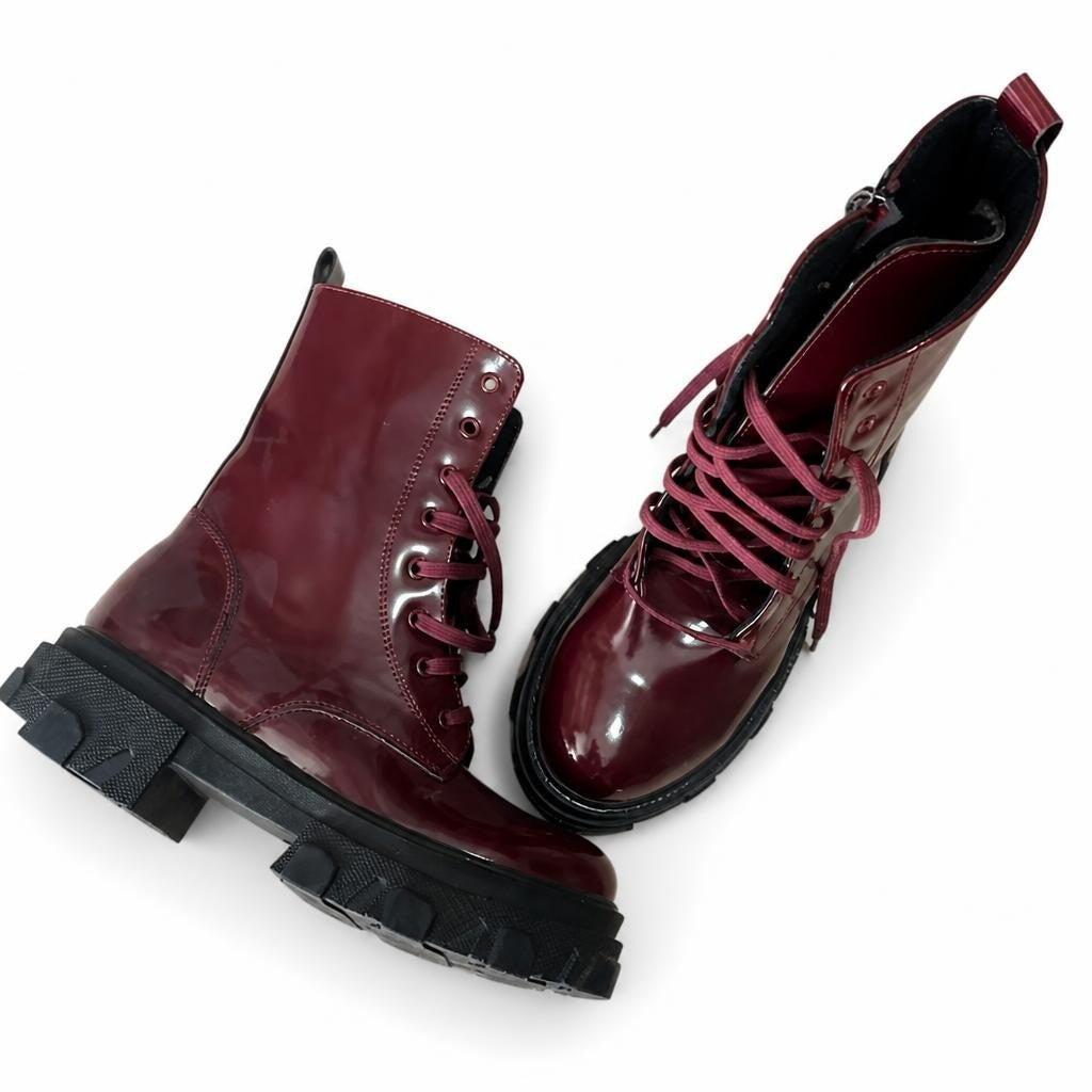 Burgundy patent lace-up combat ankle boots - white studio shot, second-hand at Why Go Less, Dekwaneh, Lebanon