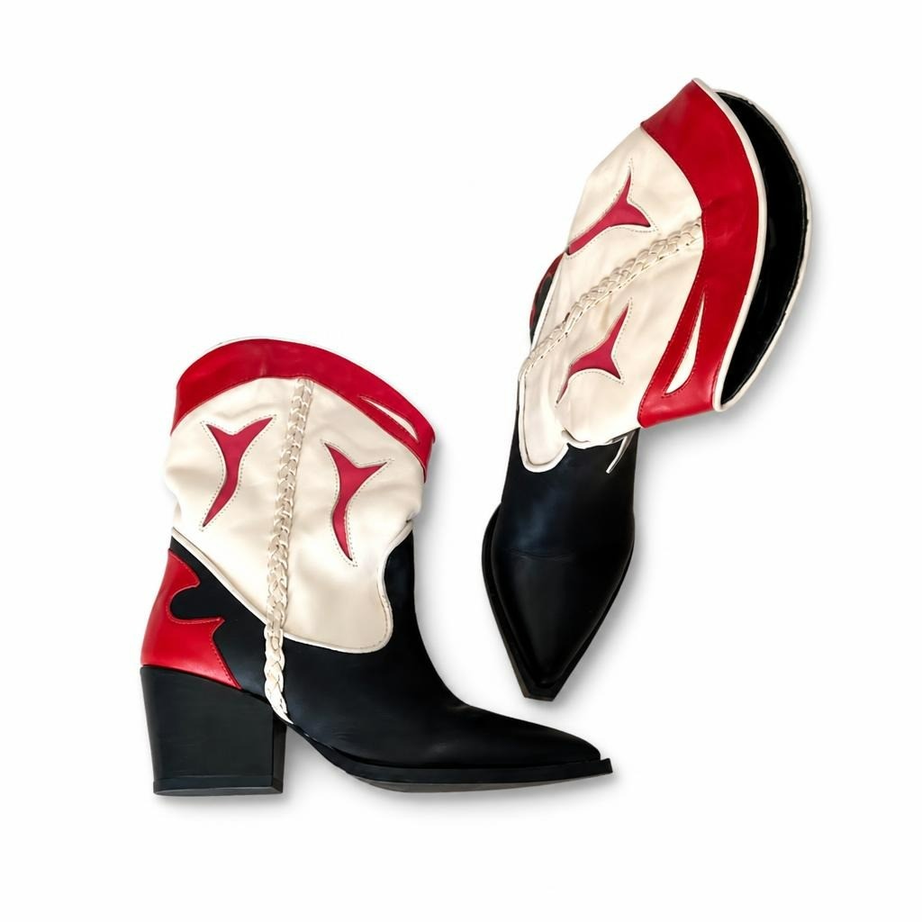 Black red cream cowboy western boots - white studio shot, second-hand at Why Go Less, Dekwaneh, Lebanon