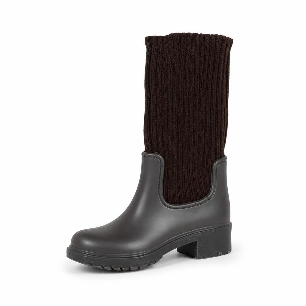 Olive rubber rain boots with knit sock top - white studio shot, second-hand at Why Go Less, Dekwaneh, Lebanon