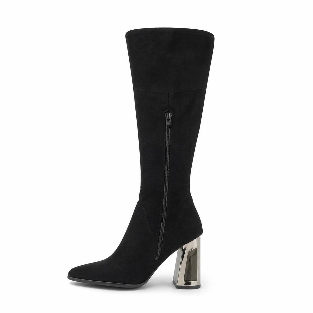 Black suede knee-high boots mirror block heel - white studio shot, second-hand at Why Go Less, Dekwaneh, Lebanon