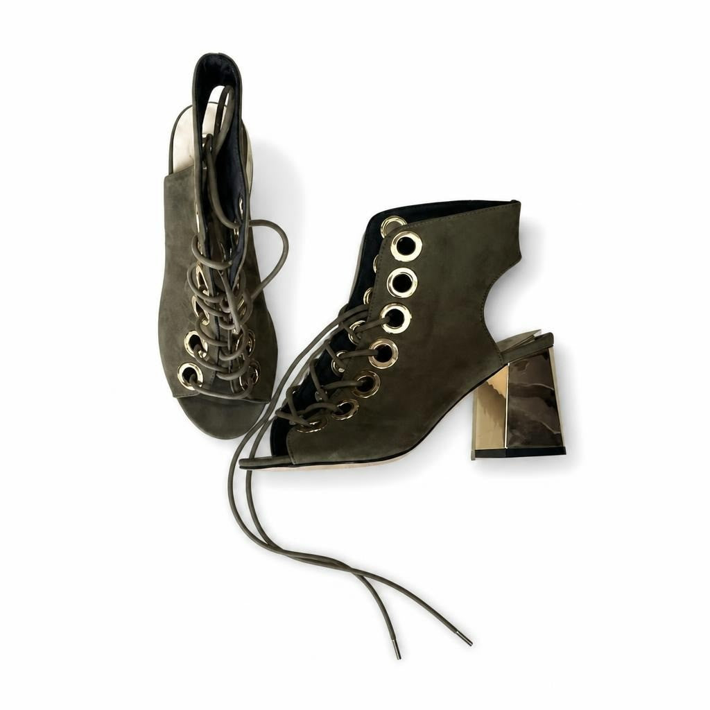 Olive suede lace-up open-toe booties gold heel - white studio shot, second-hand at Why Go Less, Dekwaneh, Lebanon