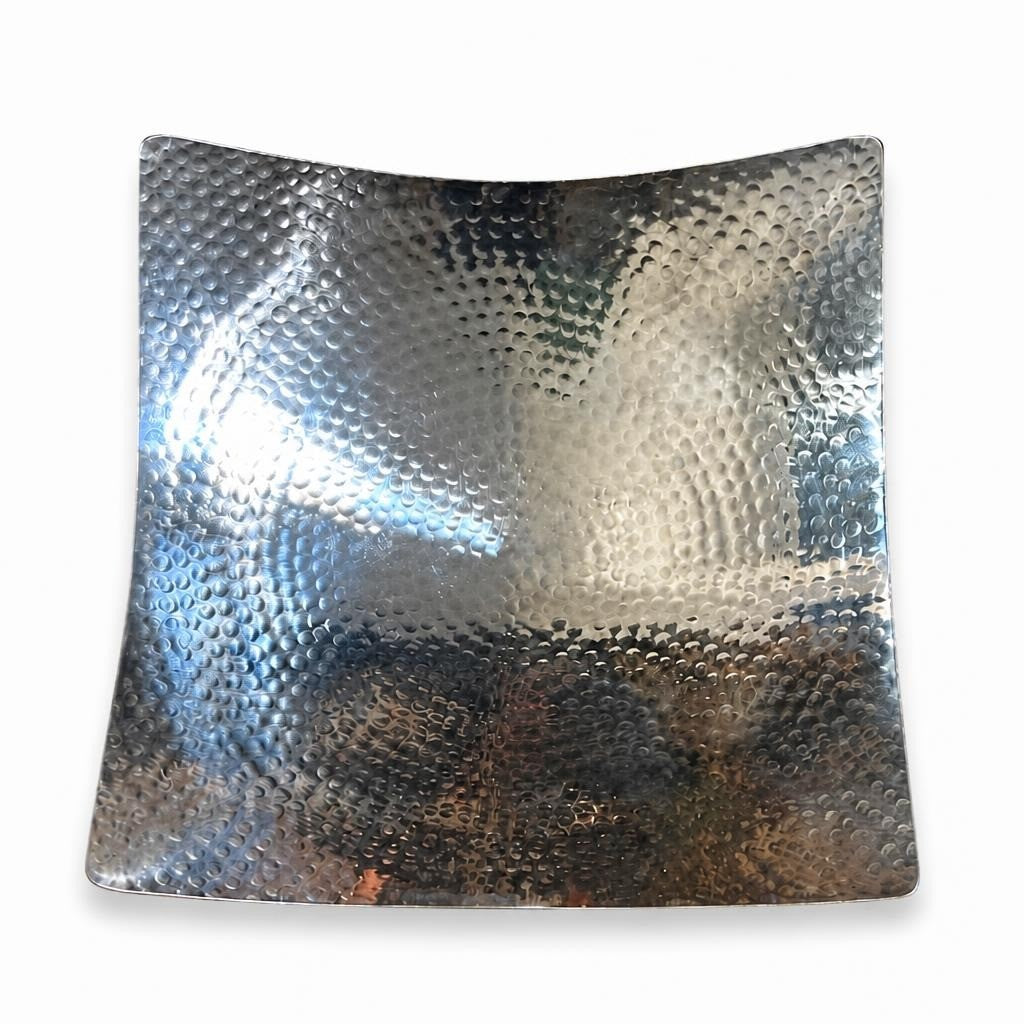 Hammered silver-tone square metal decorative tray - white studio shot, second-hand at Why Go Less, Dekwaneh, Lebanon