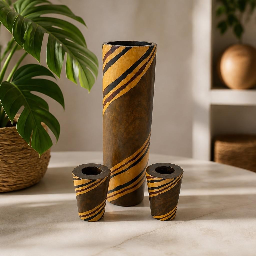 Vase en bois avec 2 bougeoirs, ensemble motif rayures tigrées | Occasion | Pourquoi payer plus cher