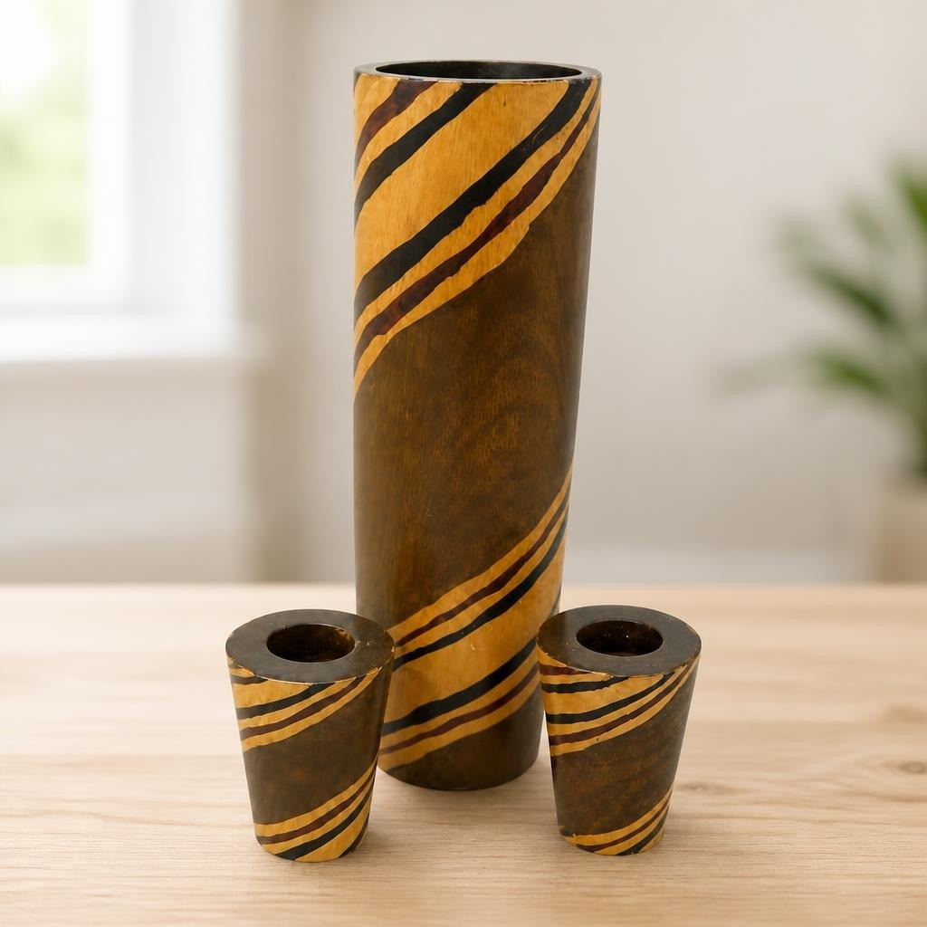 Vase en bois avec 2 bougeoirs, ensemble motif rayures tigrées | Occasion | Pourquoi payer plus cher