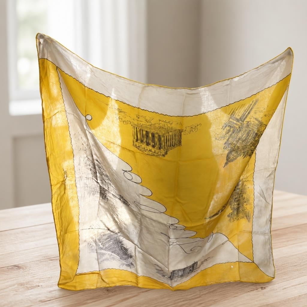 Yellow souvenir scarf with architectural print | Pre-Loved | Why Go Less