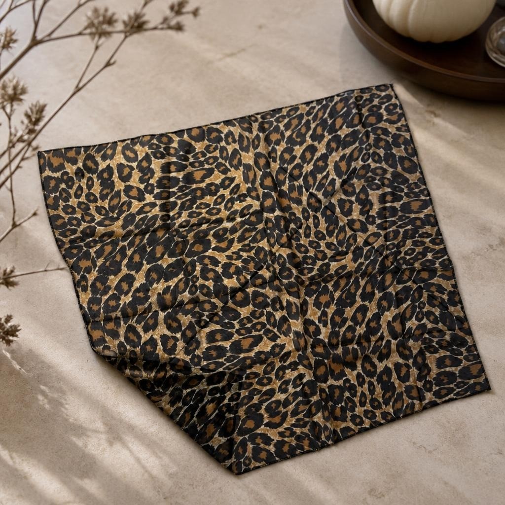 Leopard print square scarf, tan/black, ~60x60cm | Pre-Loved | Why Go Less