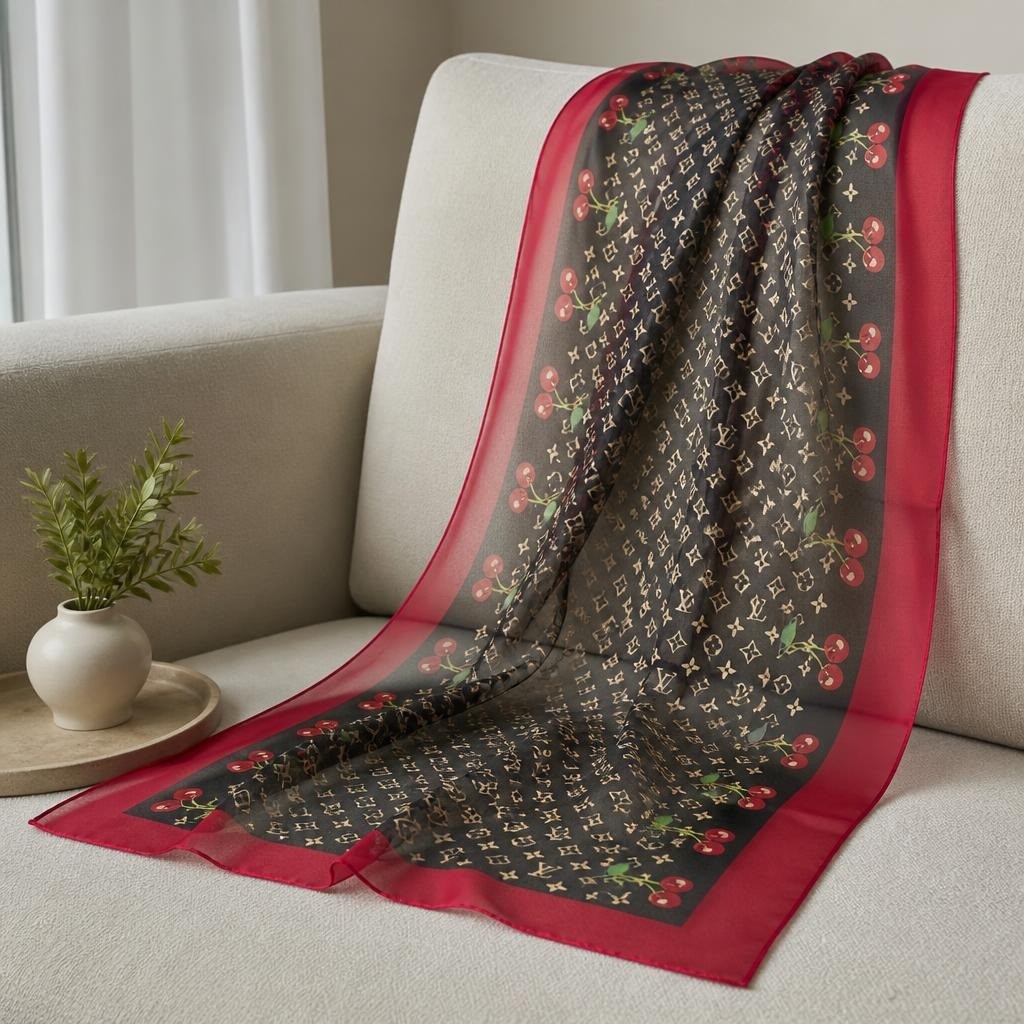 Foulard long LV Monogram imprimé cerises, noir/rouge | Seconde main | Pourquoi se contenter de moins-1