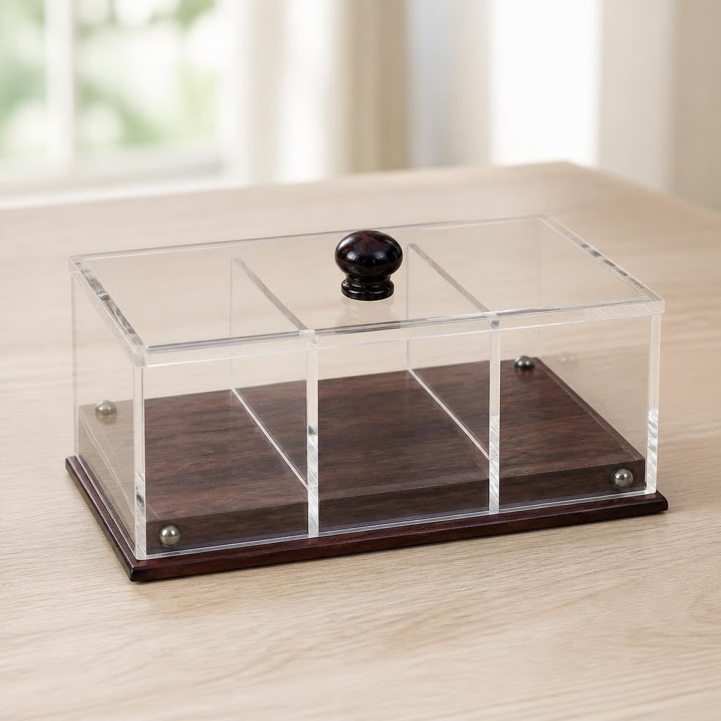 Acrylic & wood 3-compartment box with knob lid | Pre-Loved | Why Go Less