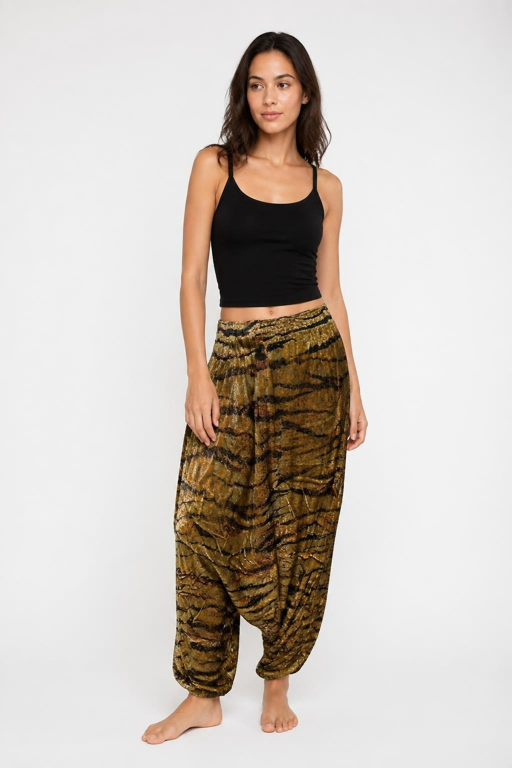 Tiger print gold metallic shimmer wide-leg pants | Pre-Loved | Why Go Less