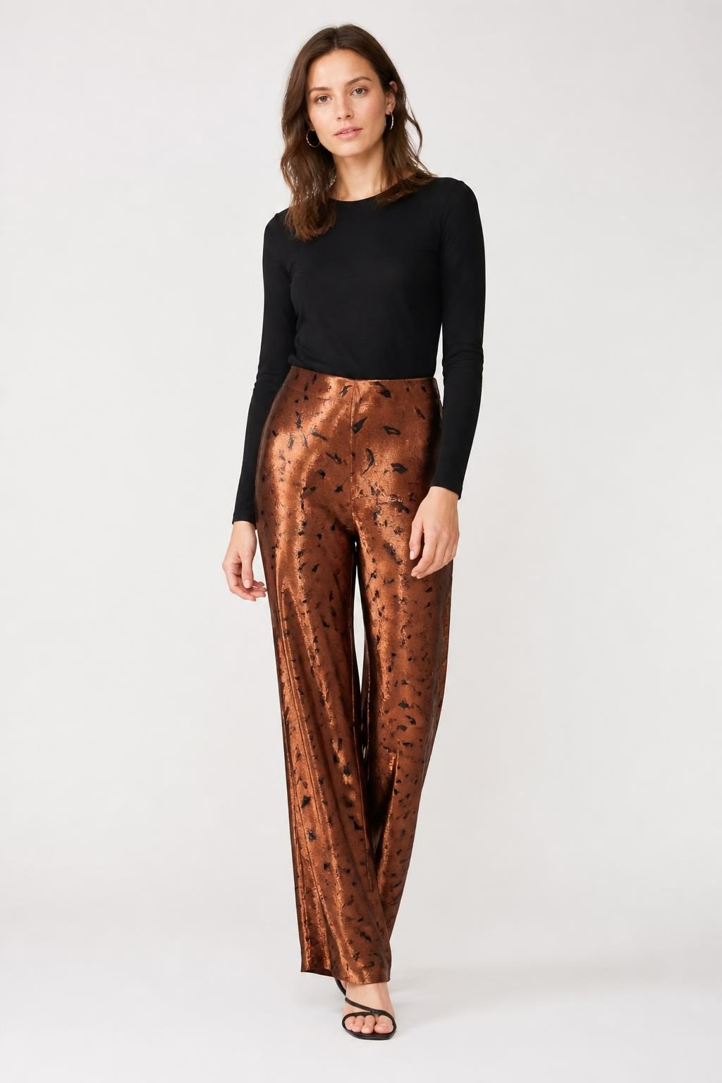 Copper satin leaf-print wide-leg trousers | Pre-Loved | Why Go Less