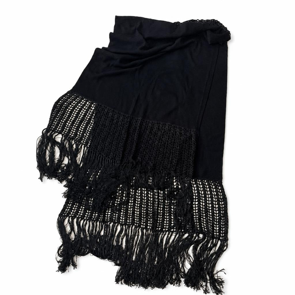 Black wrap shawl with crochet fringe detail - white studio shot, second-hand at Why Go Less, Dekwaneh, Lebanon