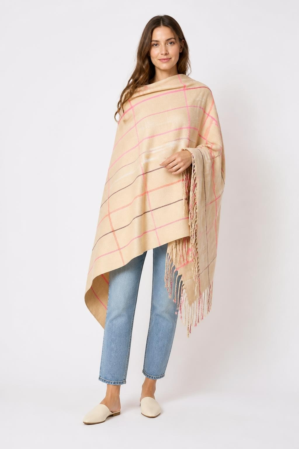 Beige pink striped fringe scarf wrap | Pre-Loved | Why Go Less-1