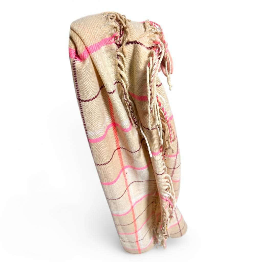 Beige pink striped fringe scarf wrap - white studio shot, second-hand at Why Go Less, Dekwaneh, Lebanon