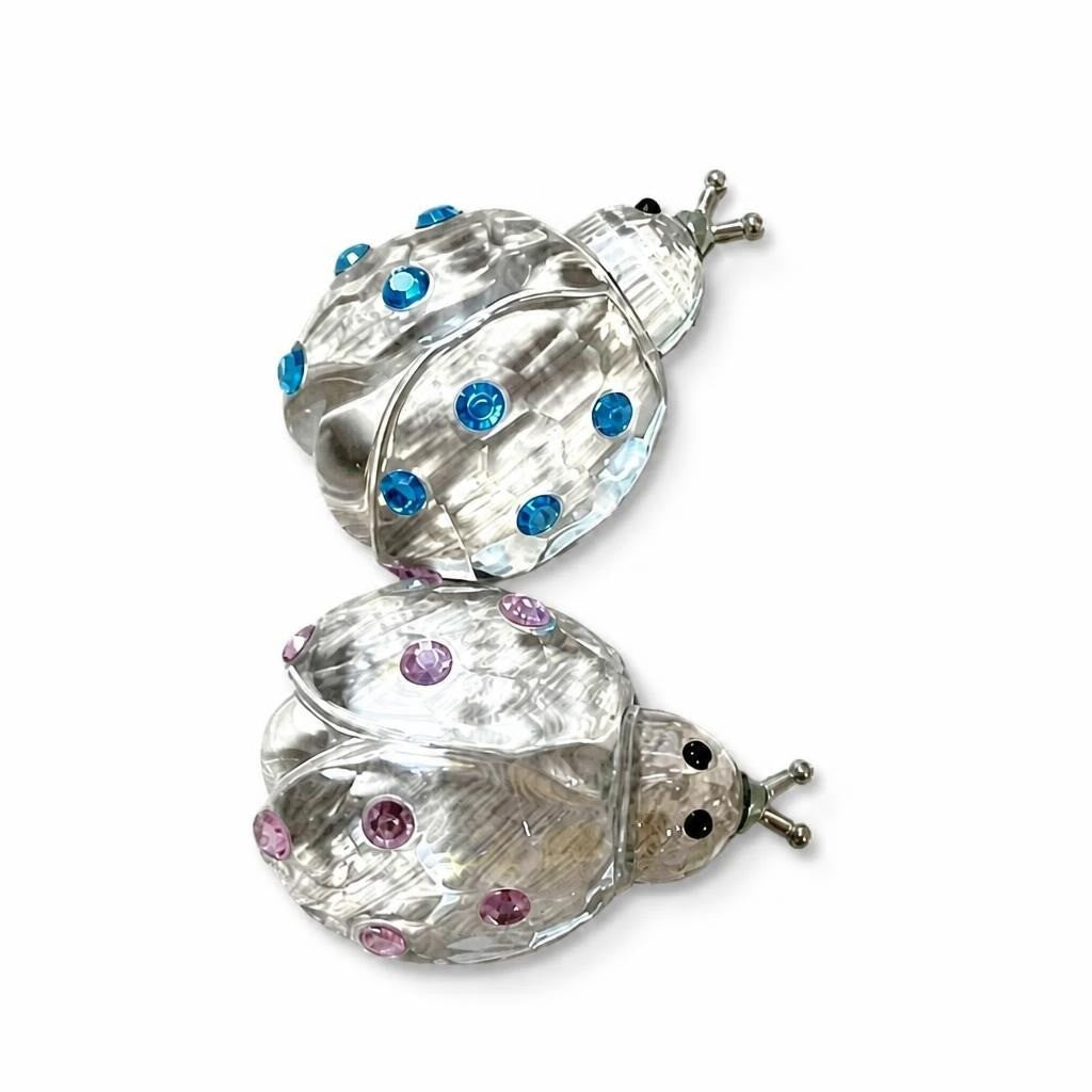 Crystal ladybug figurines x2, blue & pink gems - white studio shot, second-hand at Why Go Less, Dekwaneh, Lebanon