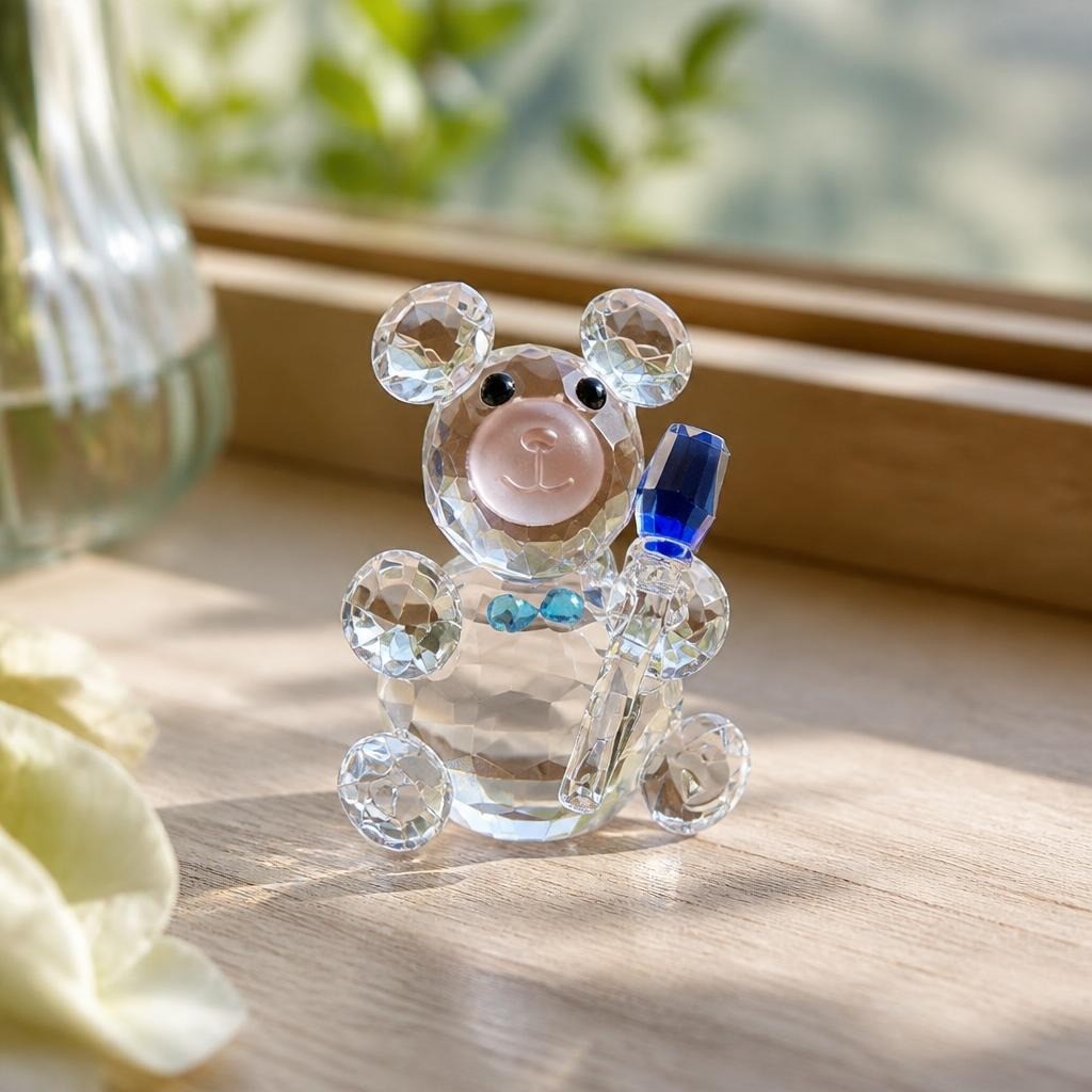 Crystal glass teddy bear figurine, clear/blue, medium | Pre-Loved | Why Go Less