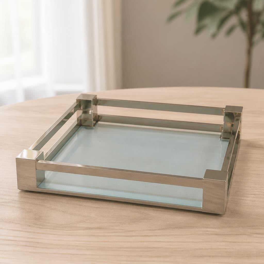 Plateau carré en verre avec cadre en métal chromé | D'occasion | Pourquoi choisir moins bien