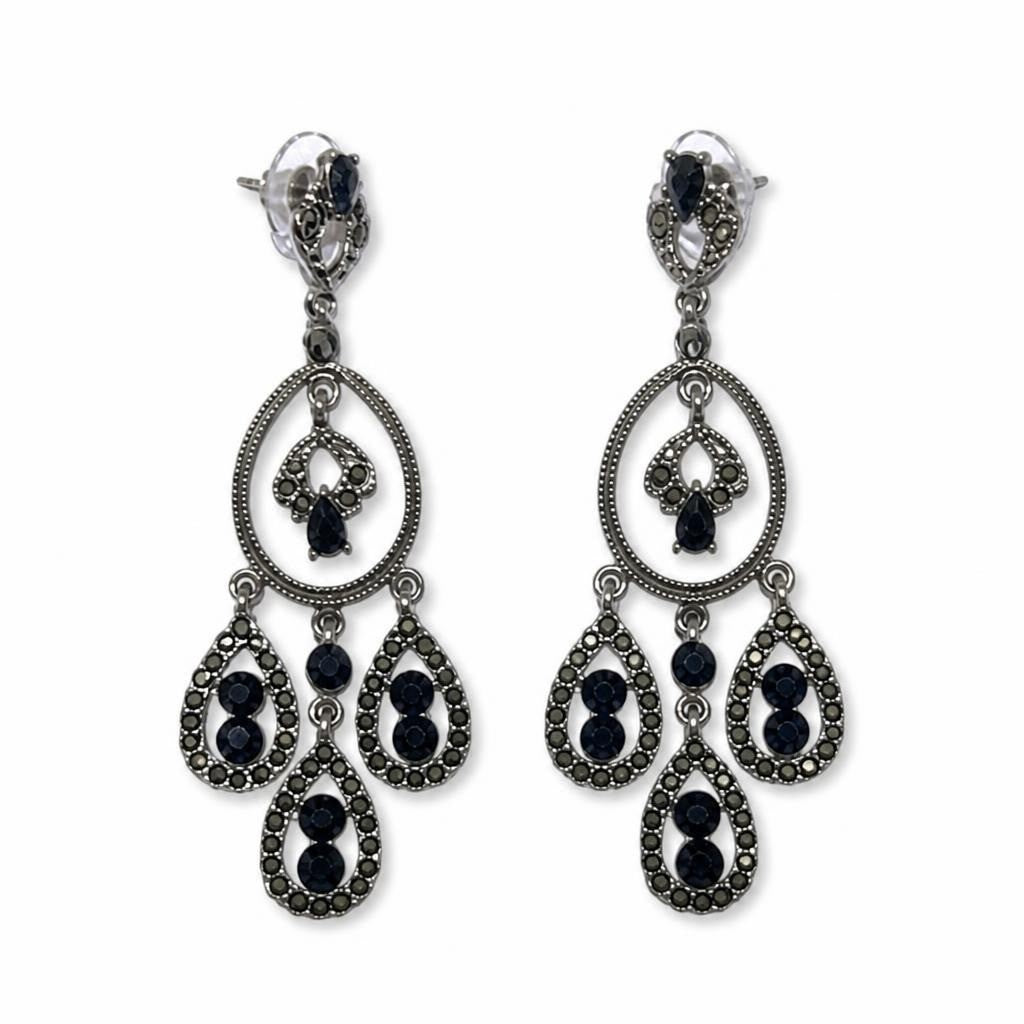 Silver chandelier earrings black marcasite stones - white studio shot, second-hand at Why Go Less, Dekwaneh, Lebanon