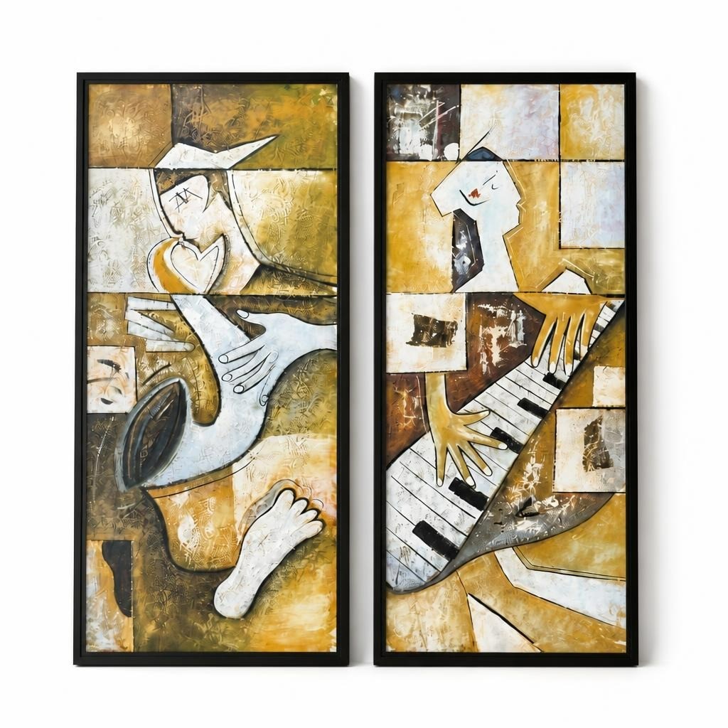 Pair abstract cubist figurative paintings, black frame - white studio shot, second-hand at Why Go Less, Dekwaneh, Lebanon