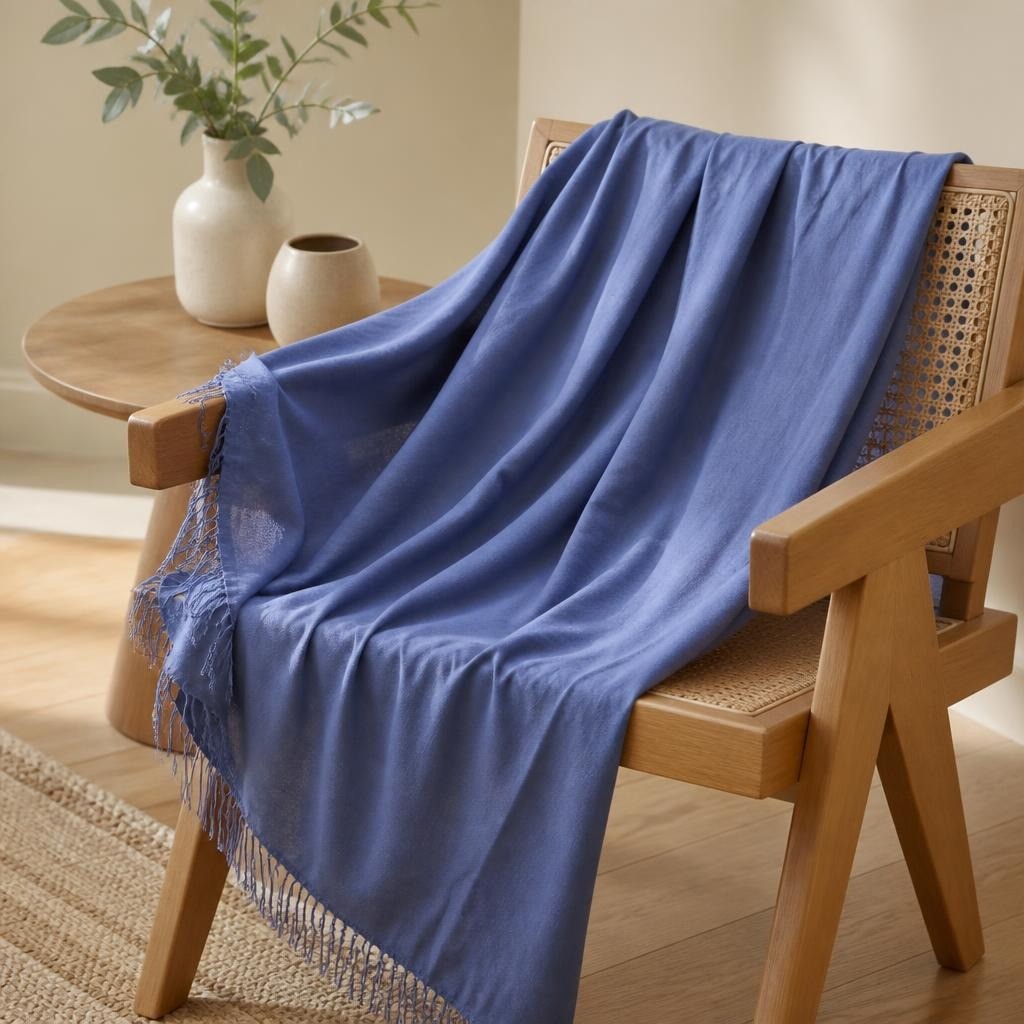 Solid blue-grey fringed pashmina shawl/wrap | Pre-Loved | Why Go Less