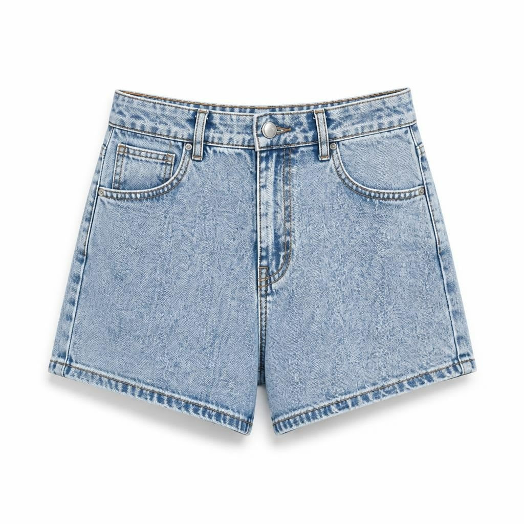 Light wash blue denim mini shorts, size unknown - white studio shot, second-hand at Why Go Less, Dekwaneh, Lebanon