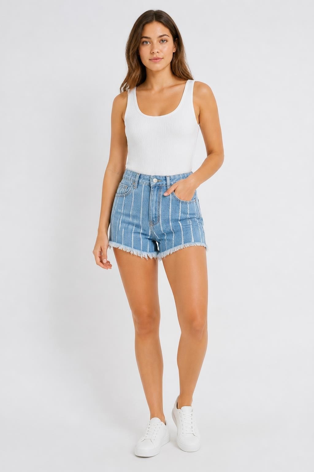 Blue white striped raw hem denim shorts | Pre-Loved | Why Go Less