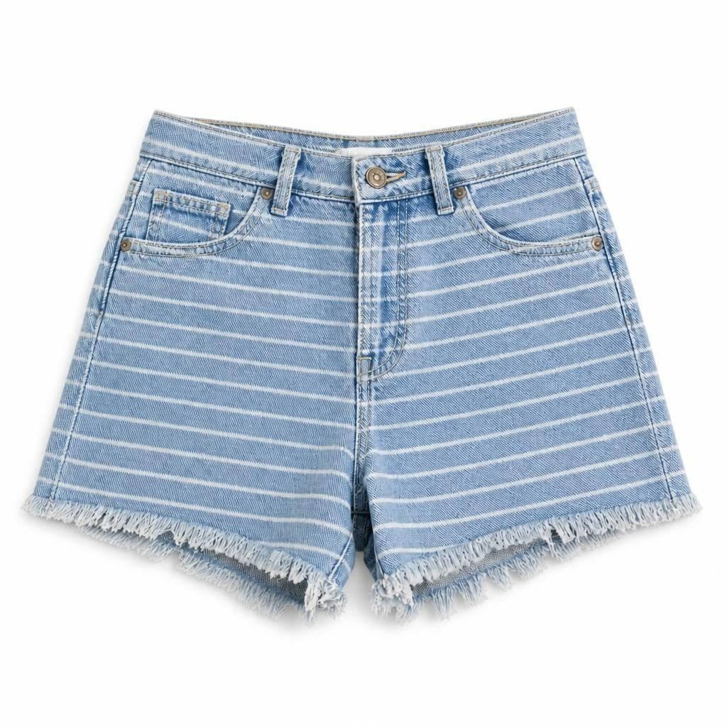 Blue white striped raw hem denim shorts - white studio shot, second-hand at Why Go Less, Dekwaneh, Lebanon