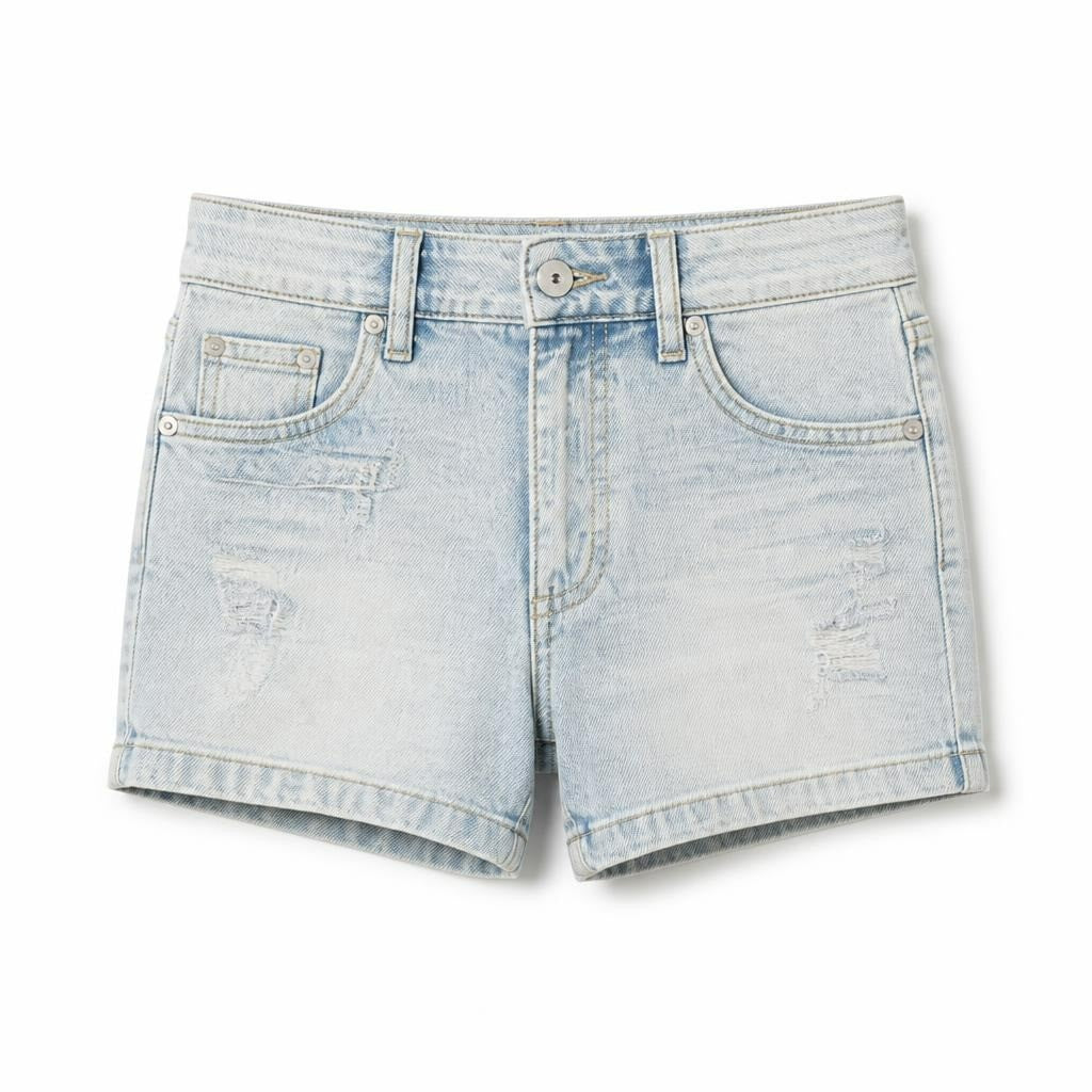 Light blue distressed cuffed denim shorts - white studio shot, second-hand at Why Go Less, Dekwaneh, Lebanon