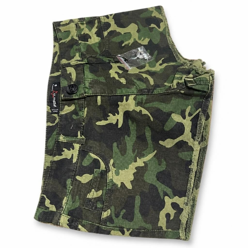 FB Sister camo cargo shorts, size S - white studio shot, second-hand at Why Go Less, Dekwaneh, Lebanon